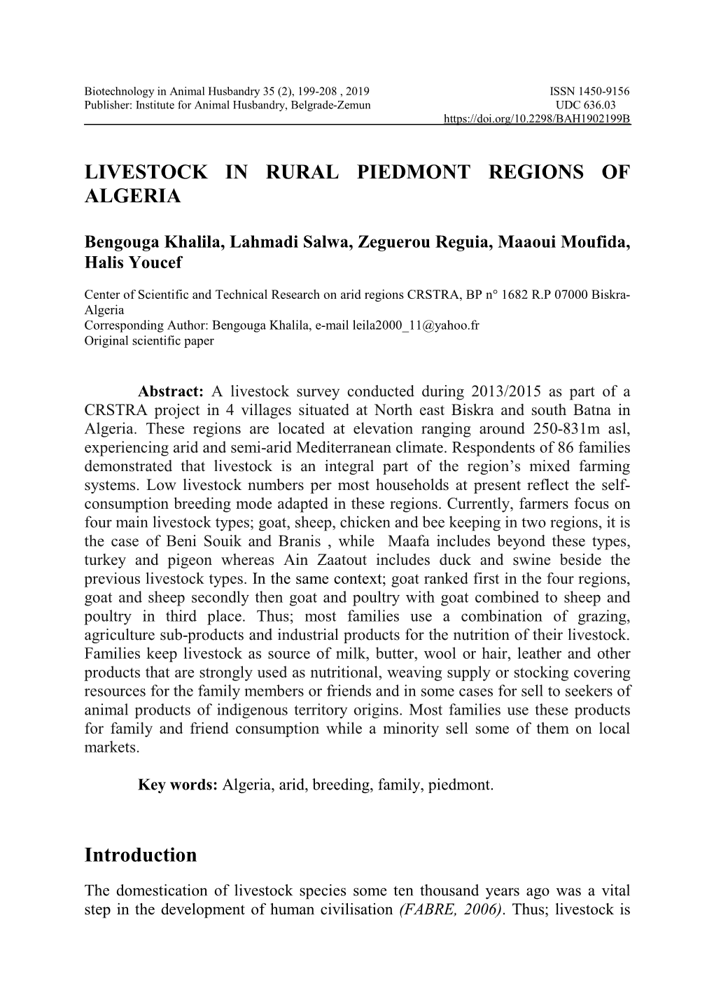 LIVESTOCK in RURAL PIEDMONT REGIONS of ALGERIA Introduction