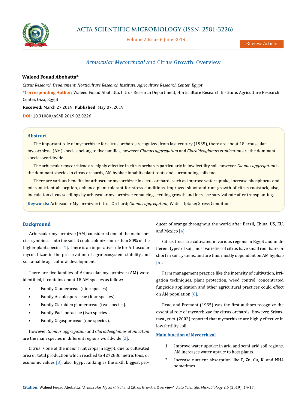 Arbuscular Mycorrhizal and Citrus Growth: Overview