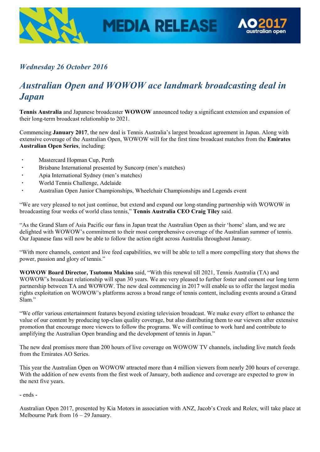 Australian Open and WOWOW Ace Landmark Broadcasting Deal in Japan