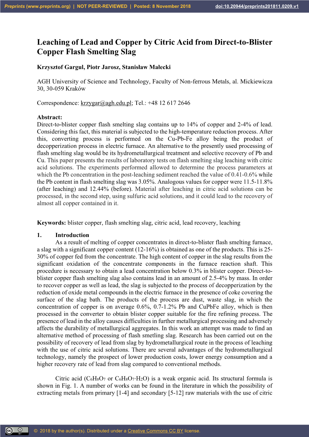 Leaching of Lead and Copper by Citric Acid from Direct-To-Blister Copper Flash Smelting Slag