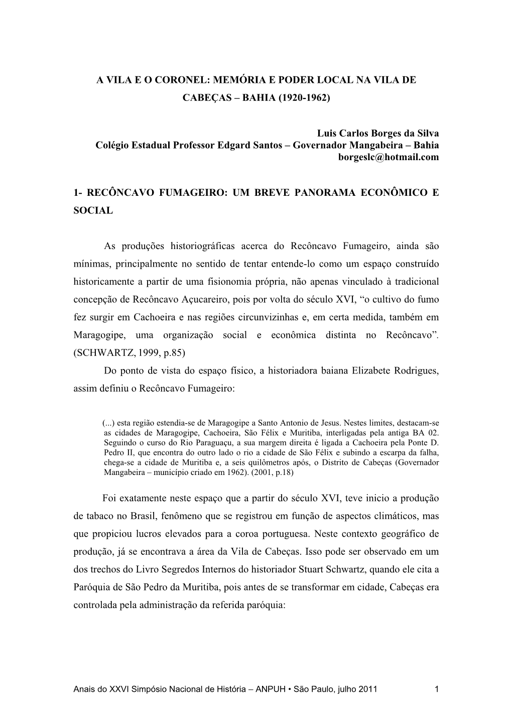 Memória E Poder Local Na Vila De Cabeças – Bahia (1920-1962)