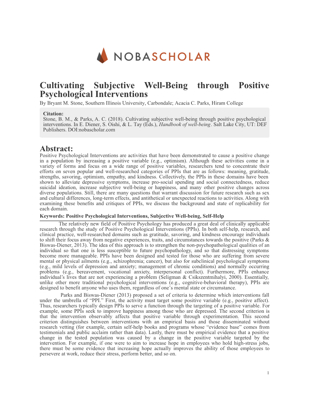 Cultivating Subjective Well-Being Through Positive Psychological Interventions by Bryant M