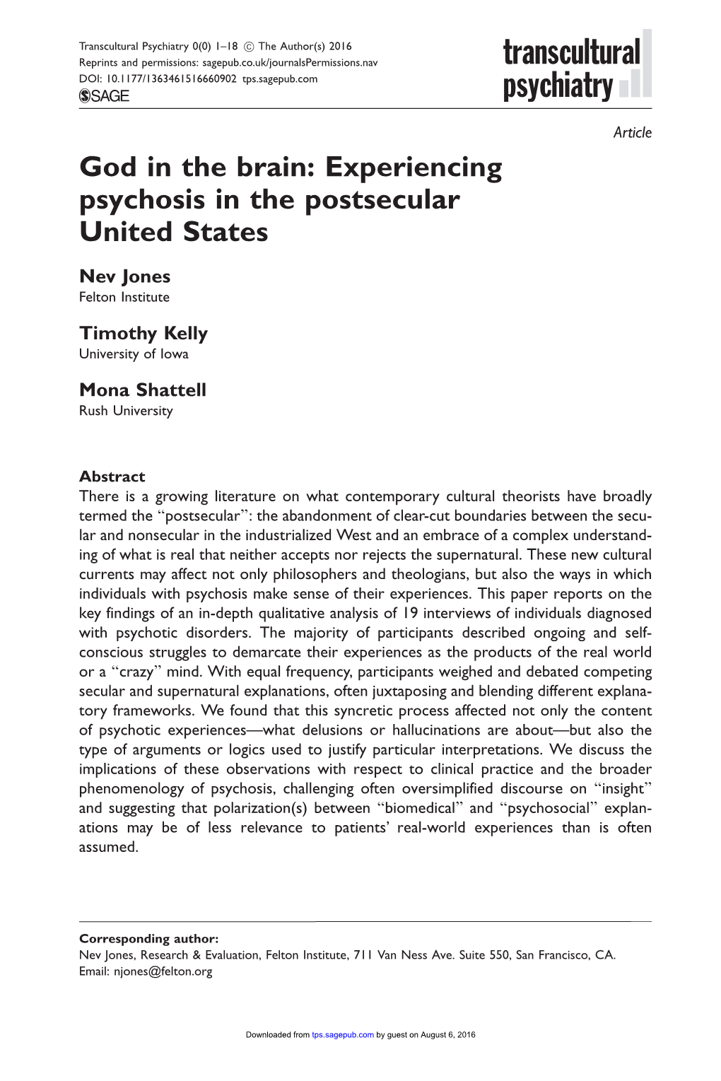 God in the Brain: Experiencing Psychosis in the Postsecular United States