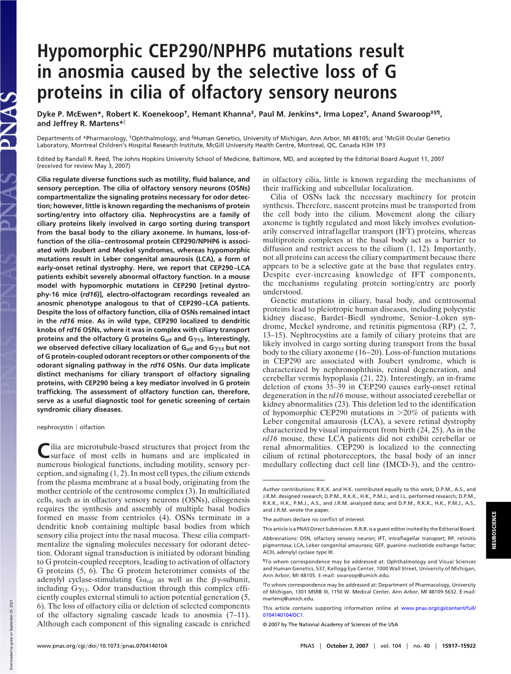 Hypomorphic CEP290/NPHP6 Mutations Result in Anosmia Caused by the Selective Loss of G Proteins in Cilia of Olfactory Sensory Neurons