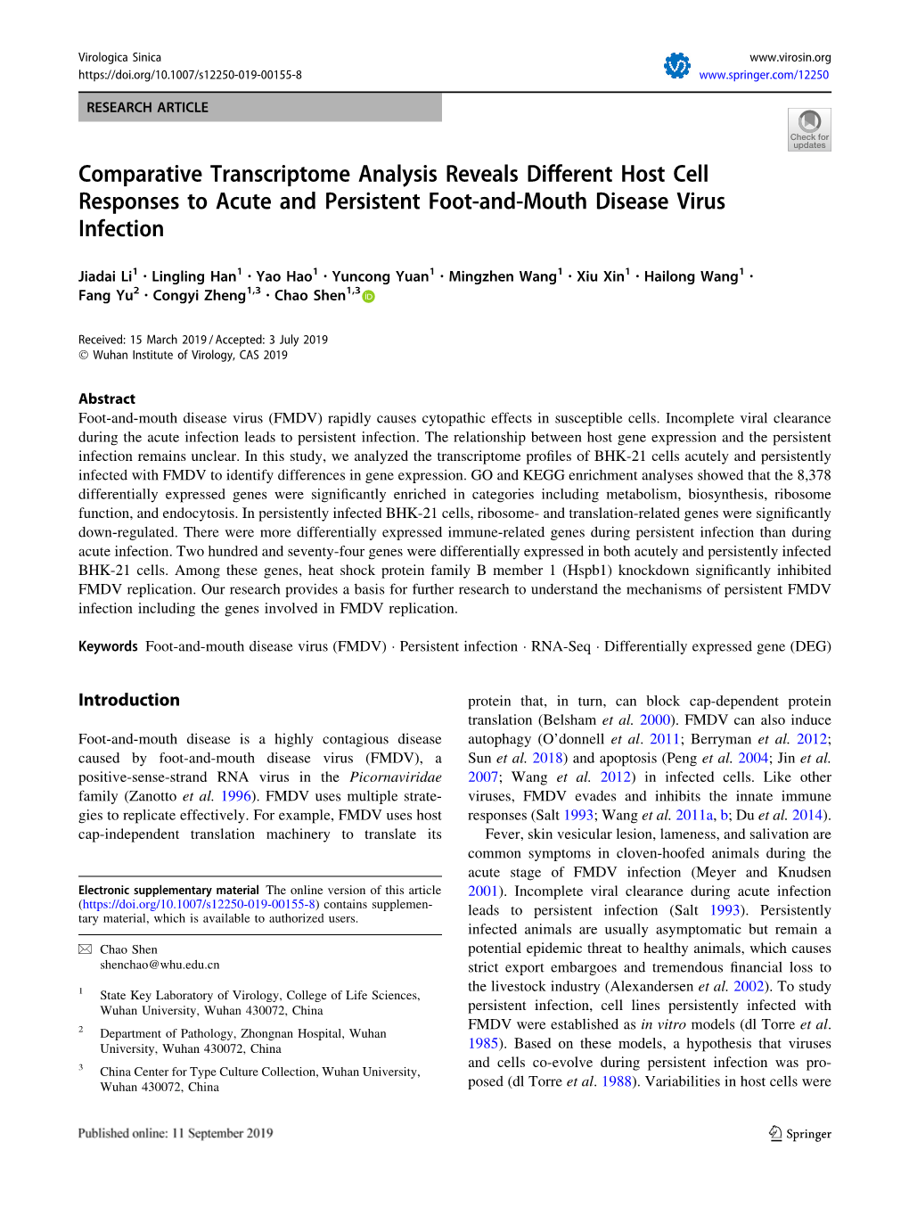 Comparative Transcriptome Analysis Reveals Different Host Cell Responses to Acute and Persistent Foot-And-Mouth Disease Virus Infection