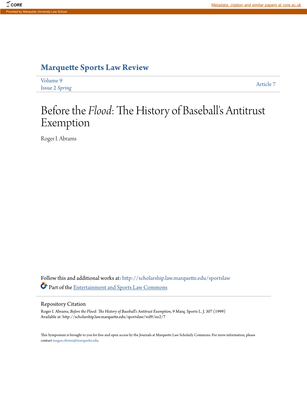 Before the Flood: the History of Baseball's Antitrust Exemption, 9 Marq