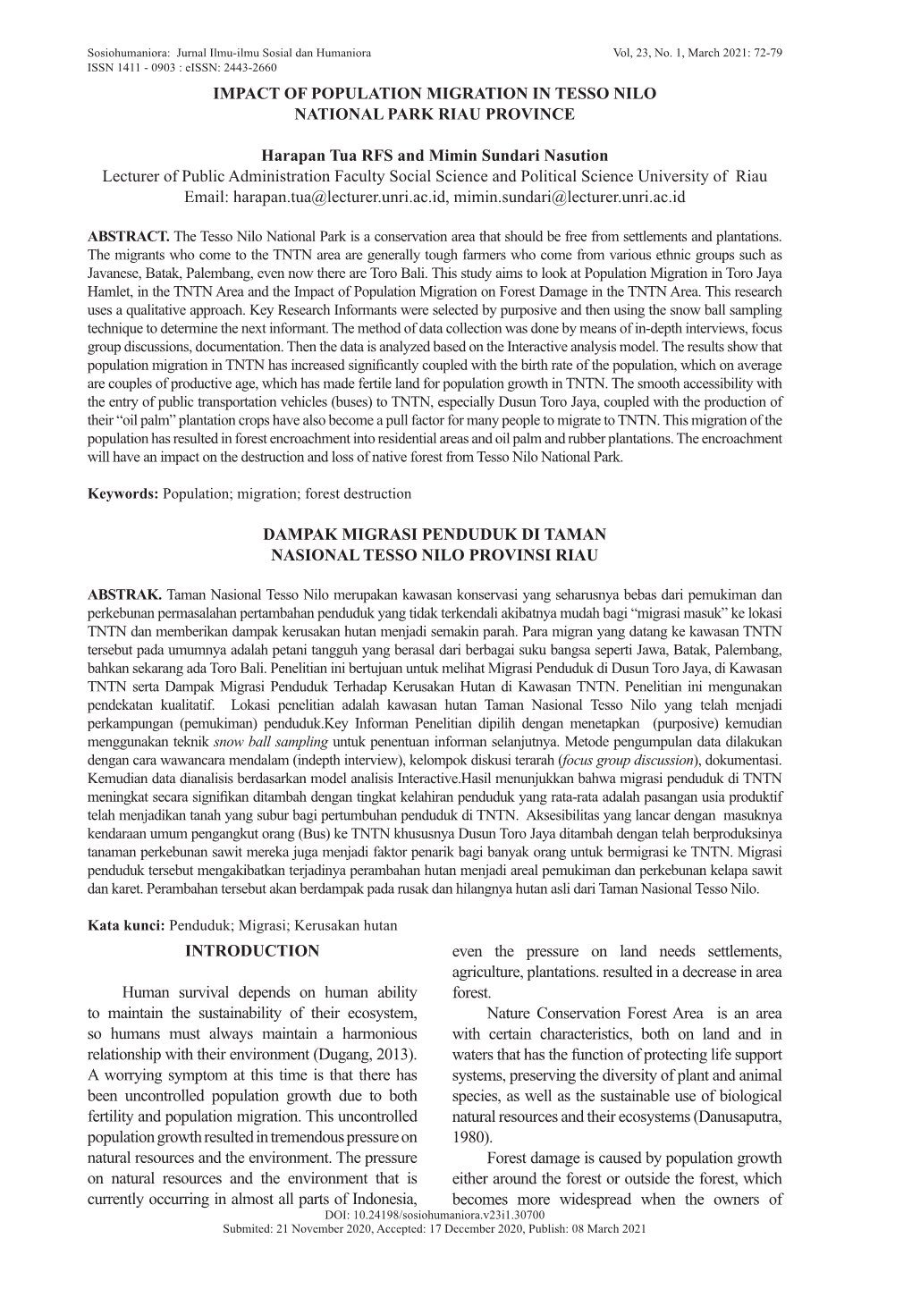 IMPACT of POPULATION MIGRATION in TESSO NILO NATIONAL PARK RIAU PROVINCE Harapan Tua RFS and Mimin Sundari Nasution Lecturer Of
