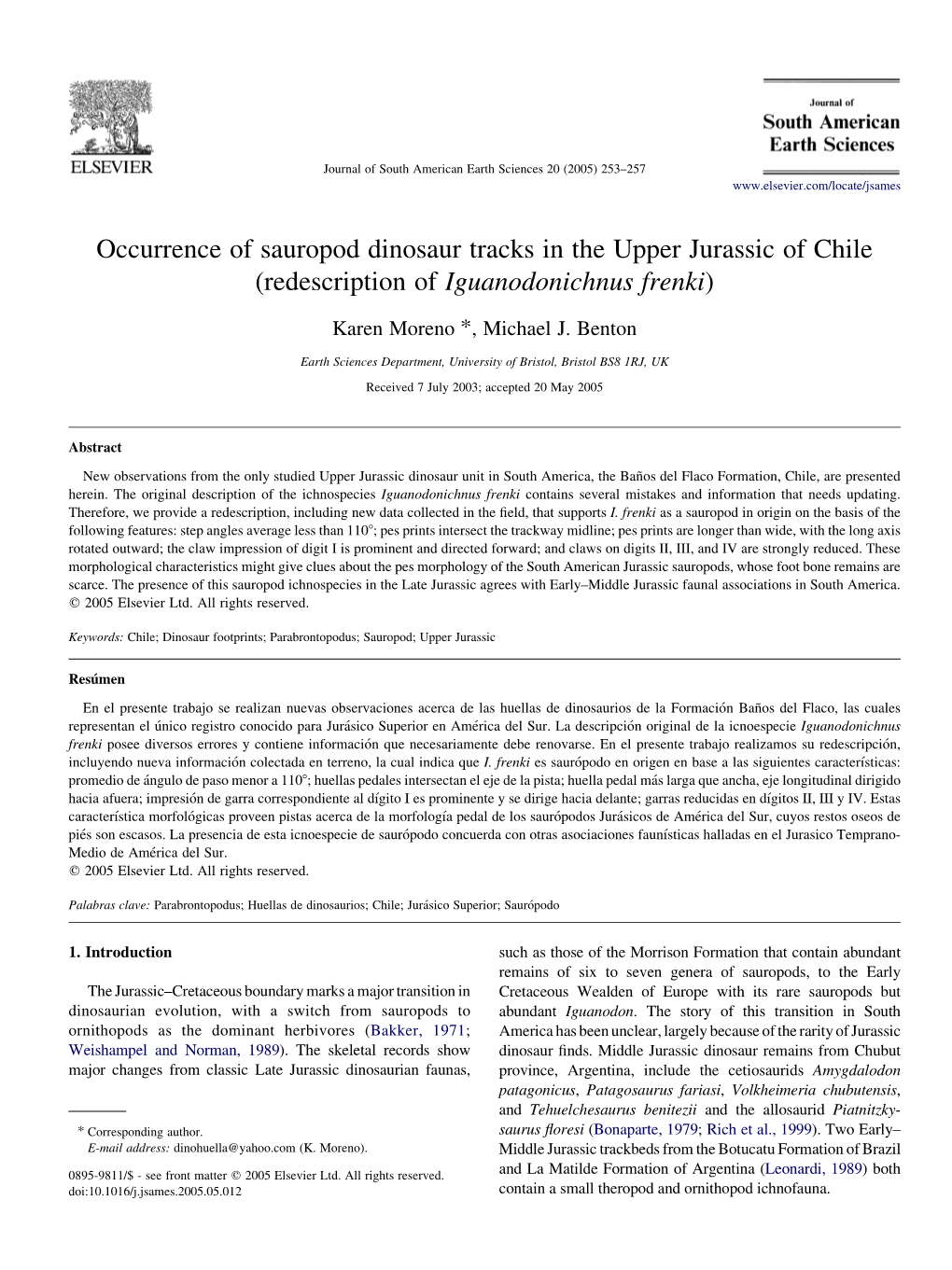 Occurrence of Sauropod Dinosaur Tracks in the Upper Jurassic of Chile (Redescription of Iguanodonichnus Frenki)