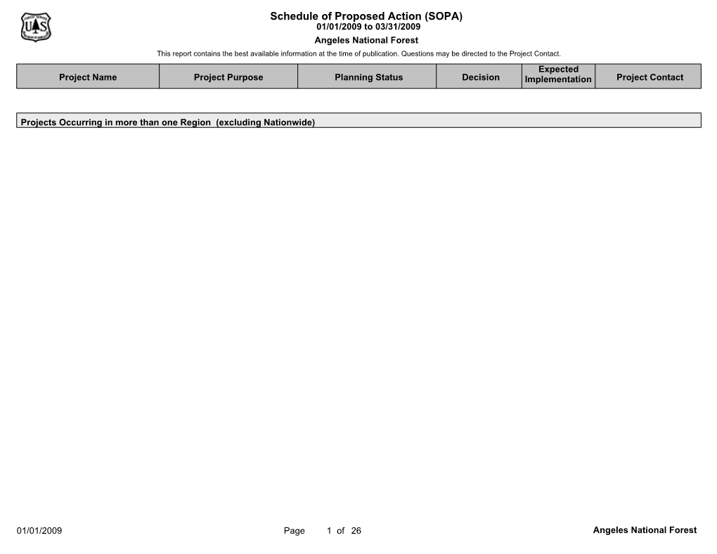 Schedule of Proposed Action (SOPA) 01/01/2009 to 03/31/2009 Angeles National Forest This Report Contains the Best Available Information at the Time of Publication