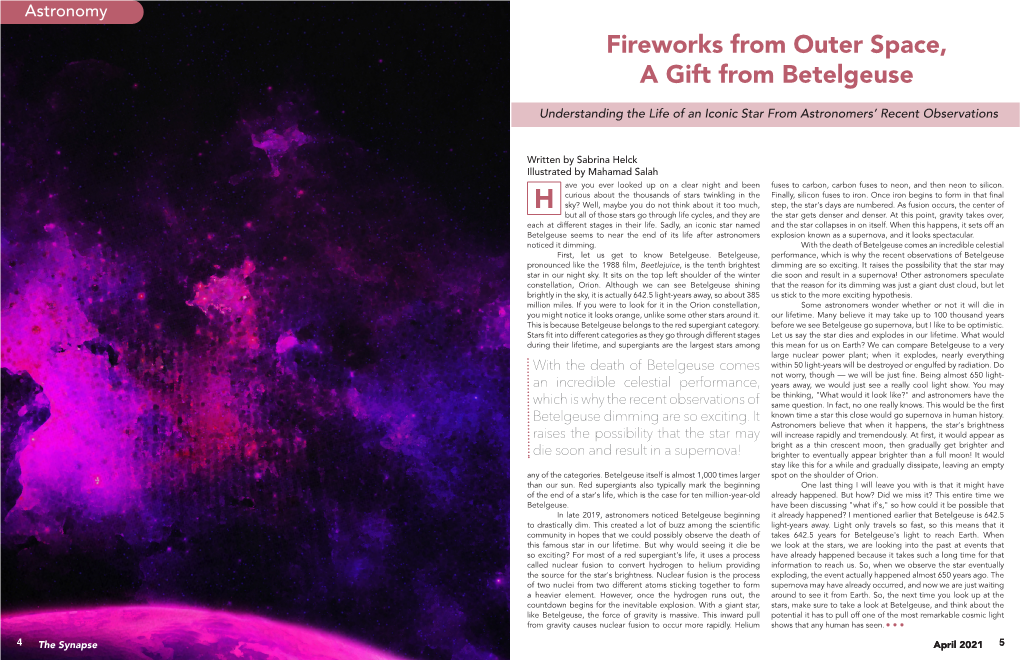 Fireworks from Outer Space, a Gift from Betelgeuse Understanding the Life of an Iconic Star from Astronomers’ Recent Observations