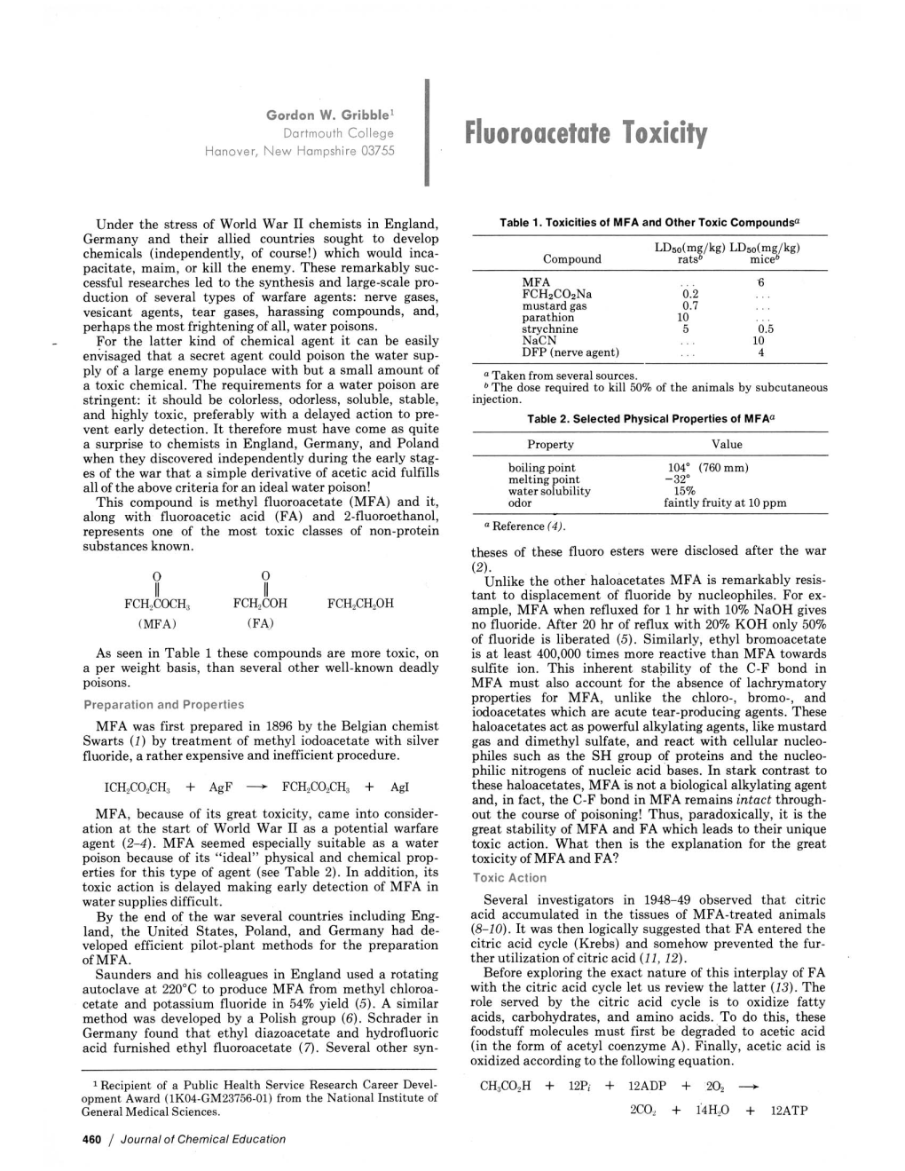 Fluoroacetate Toxicity Hanover, New Hampshire 03755