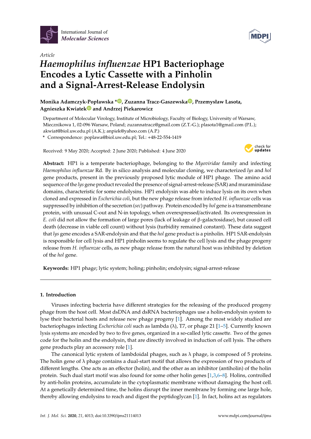 Haemophilus Influenzae HP1 Bacteriophage Encodes a Lytic