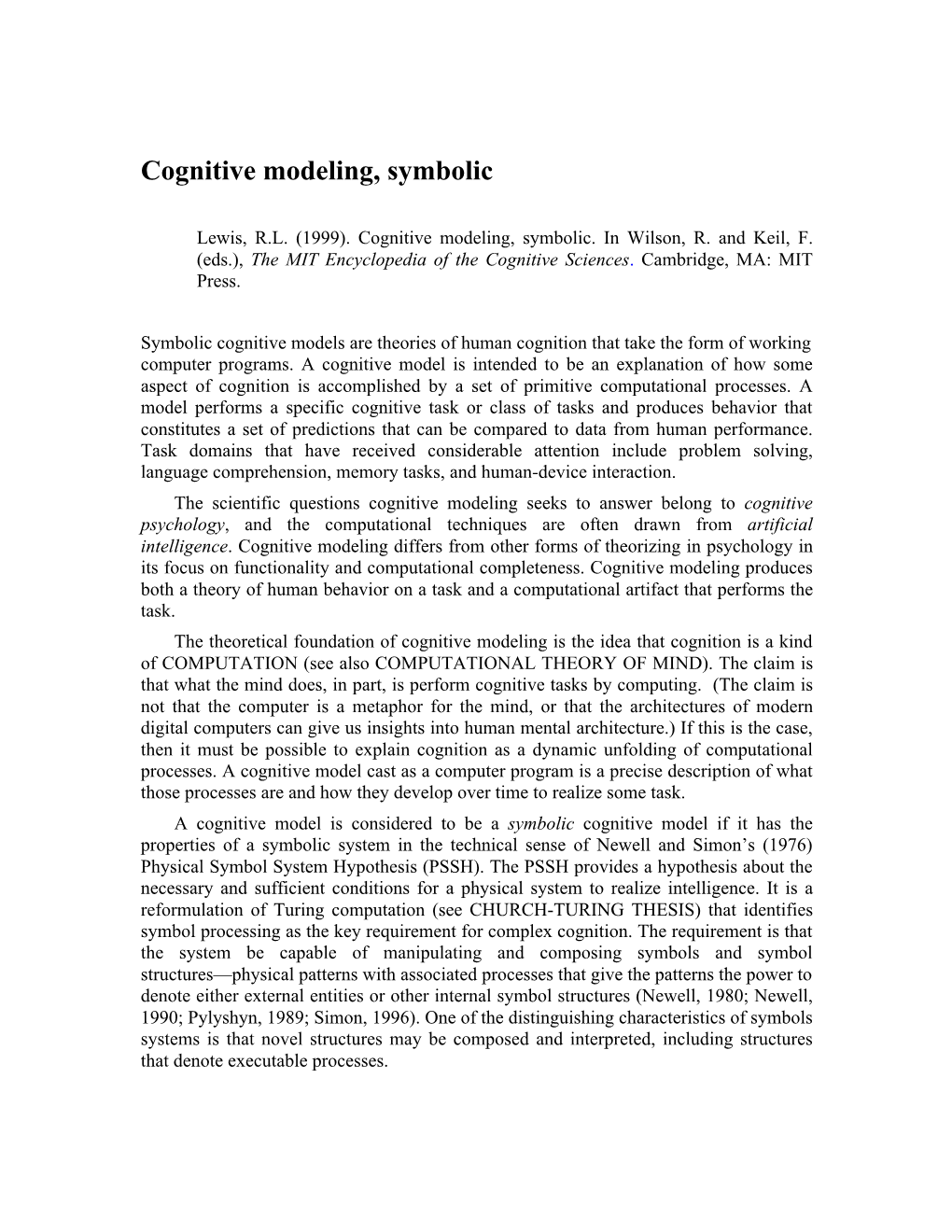 Cognitive Modeling, Symbolic