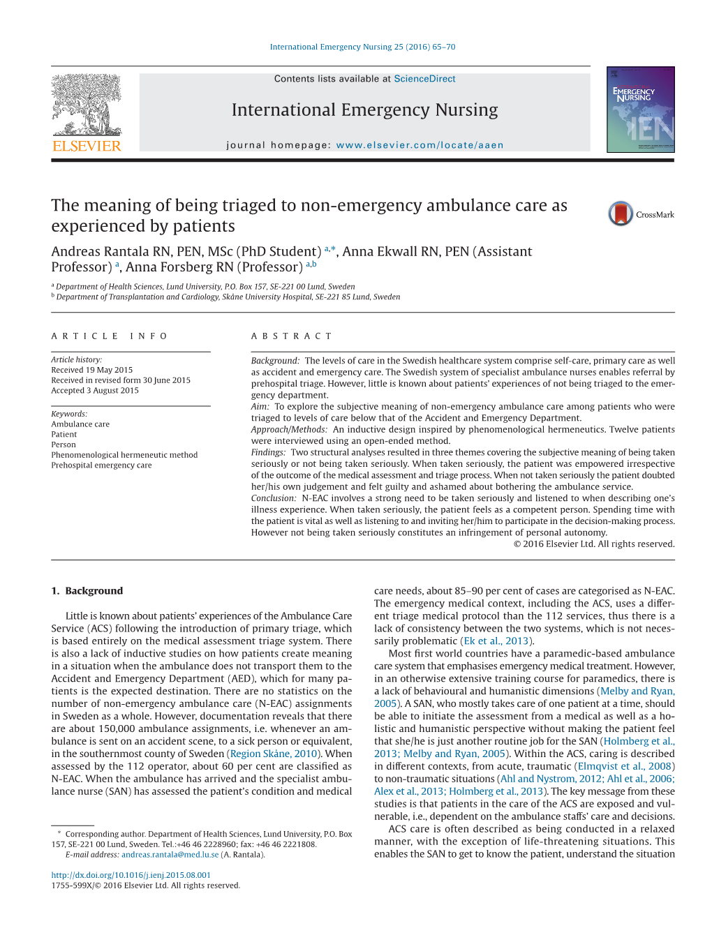 The Meaning of Being Triaged to Non-Emergency Ambulance Care As Experienced by Patients