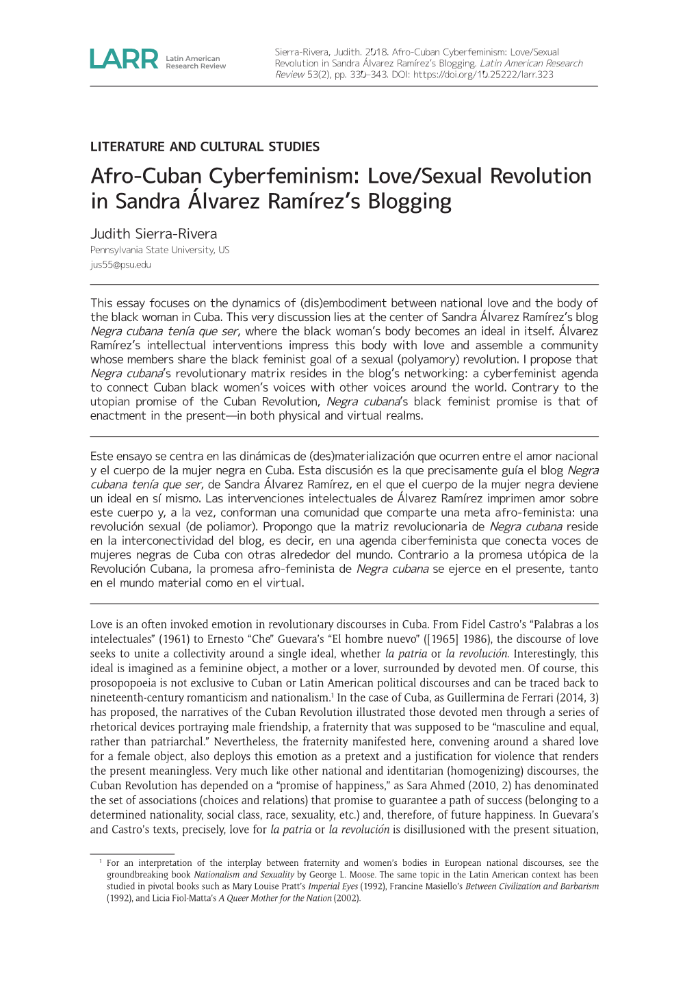 Afro-Cuban Cyberfeminism: Love/Sexual Revolution in Sandra Álvarez Ramírez’S Blogging