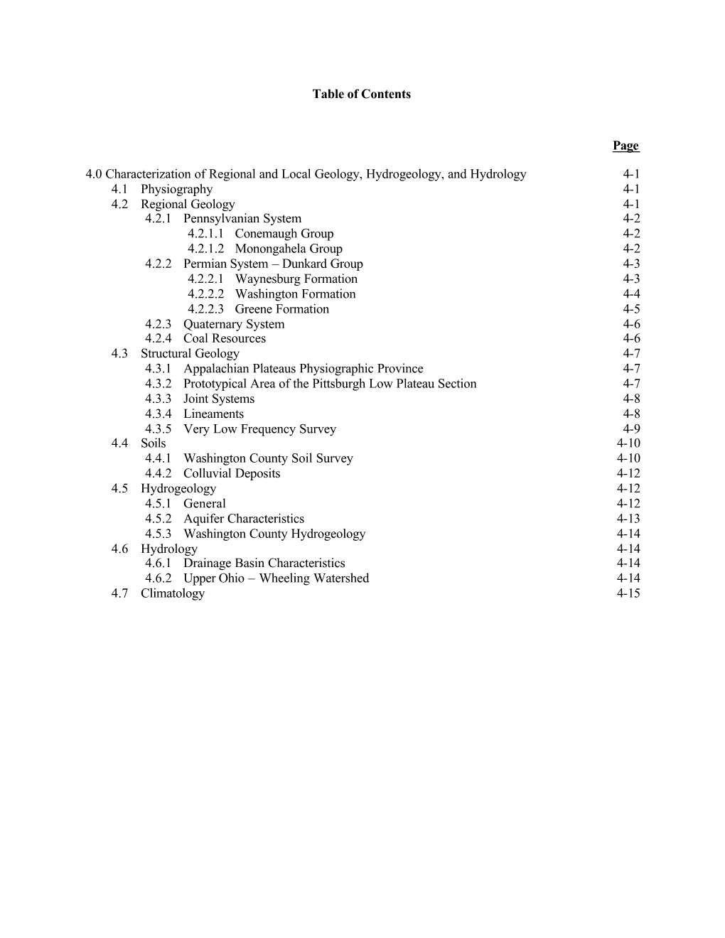 Table of Contents Page 4.0 Characterization of Regional And