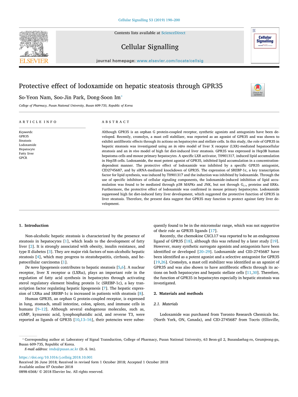 Protective Effect of Lodoxamide on Hepatic Steatosis Through GPR35 T ⁎ So-Yeon Nam, Soo-Jin Park, Dong-Soon Im