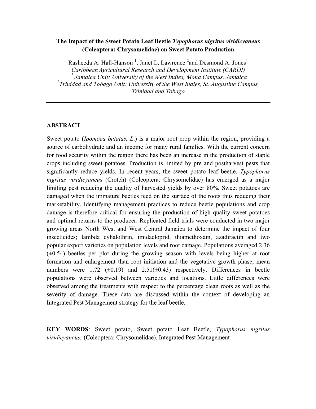 The Impact of the Sweet Potato Leaf Beetle Typophorus Nigritus Viridicyaneus (Coleoptera: Chrysomelidae) on Sweet Potato Production