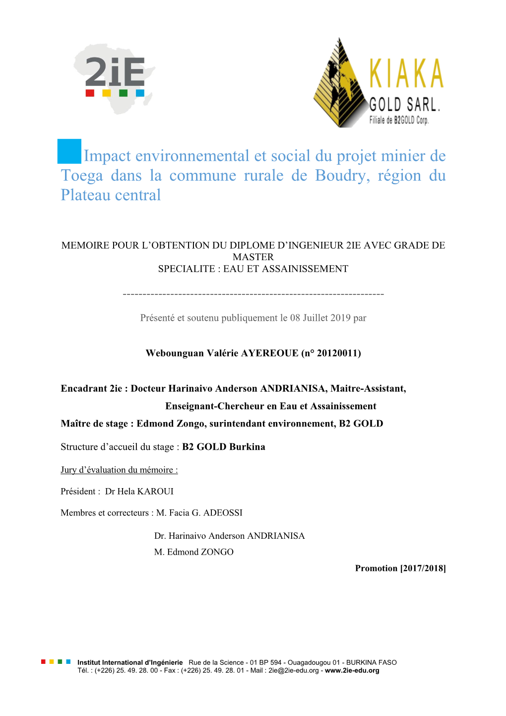 Impact Environnemental Et Social Du Projet Minier De Toega Dans La Commune Rurale De Boudry, Région Du Plateau Central