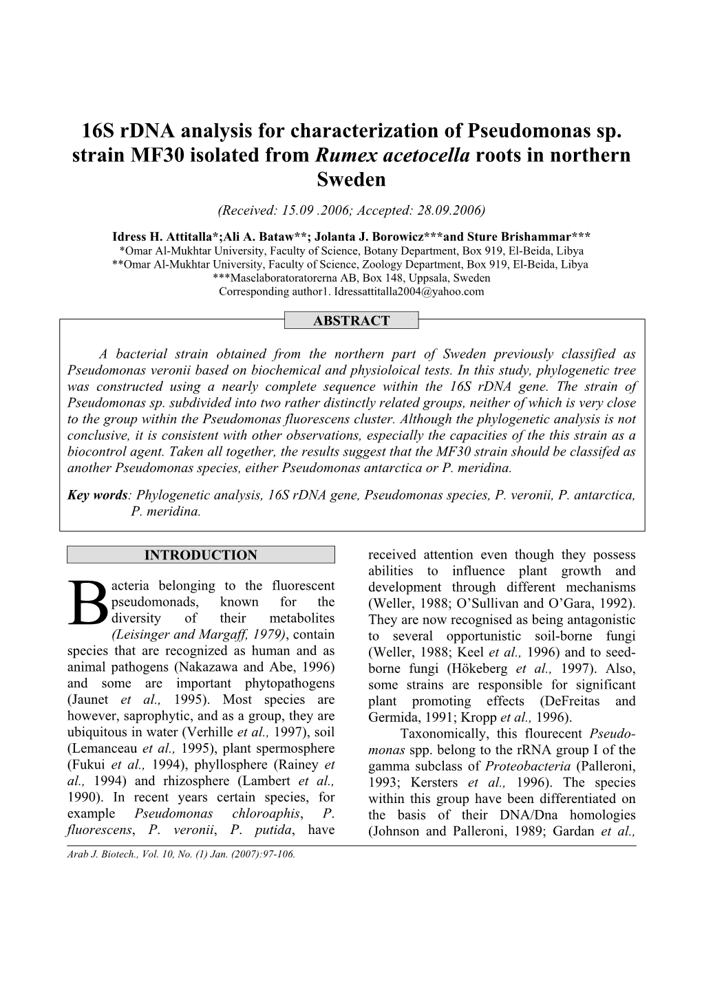 16S Rdna Analysis for Characterization of Pesudomonas Sp