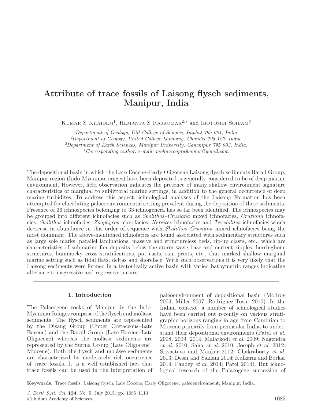 Attribute of Trace Fossils of Laisong Flysch Sediments, Manipur, India