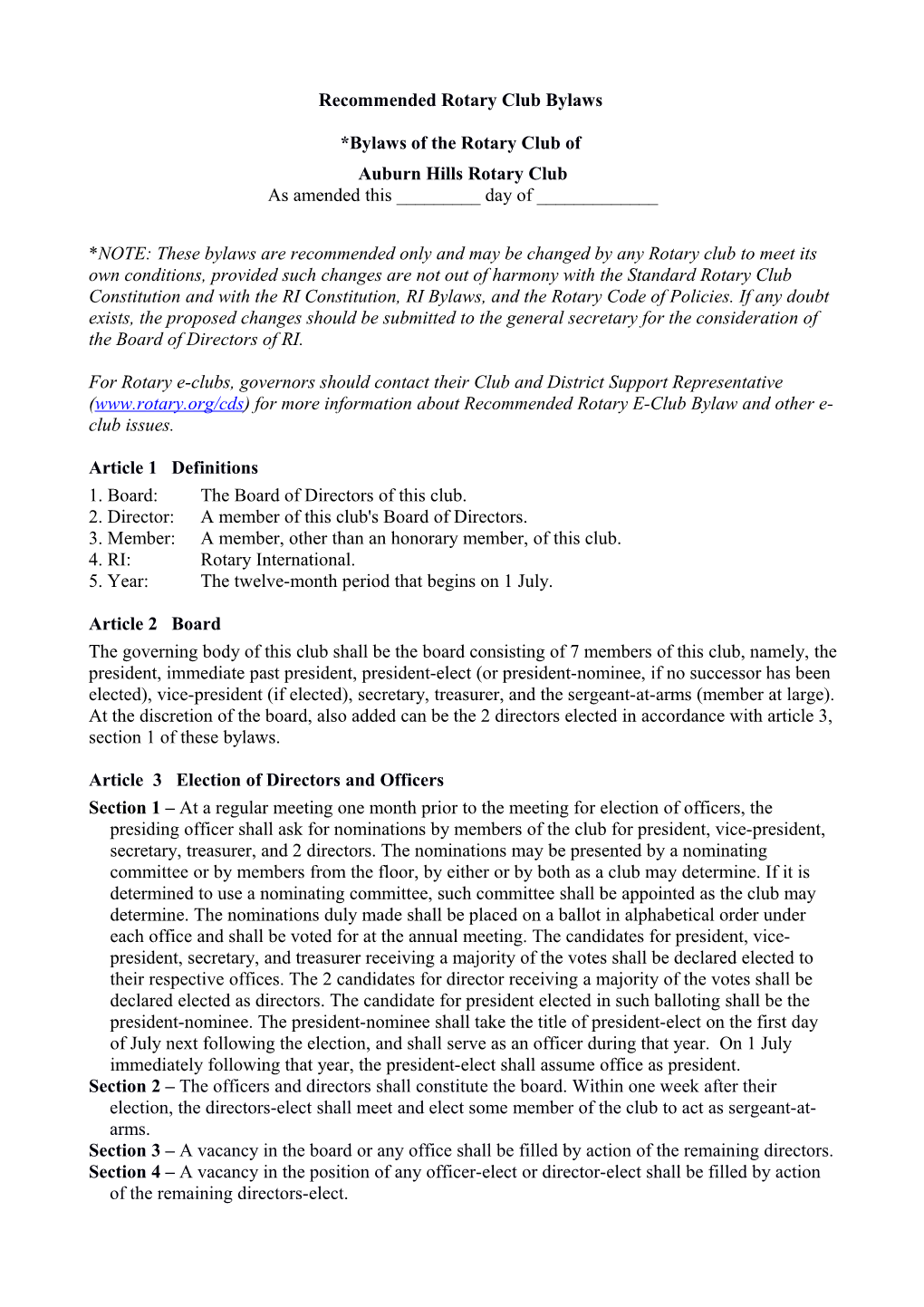 Recommended Rotary Club Bylaws (2010) - Revised Based on the 2010 Council on Legislation