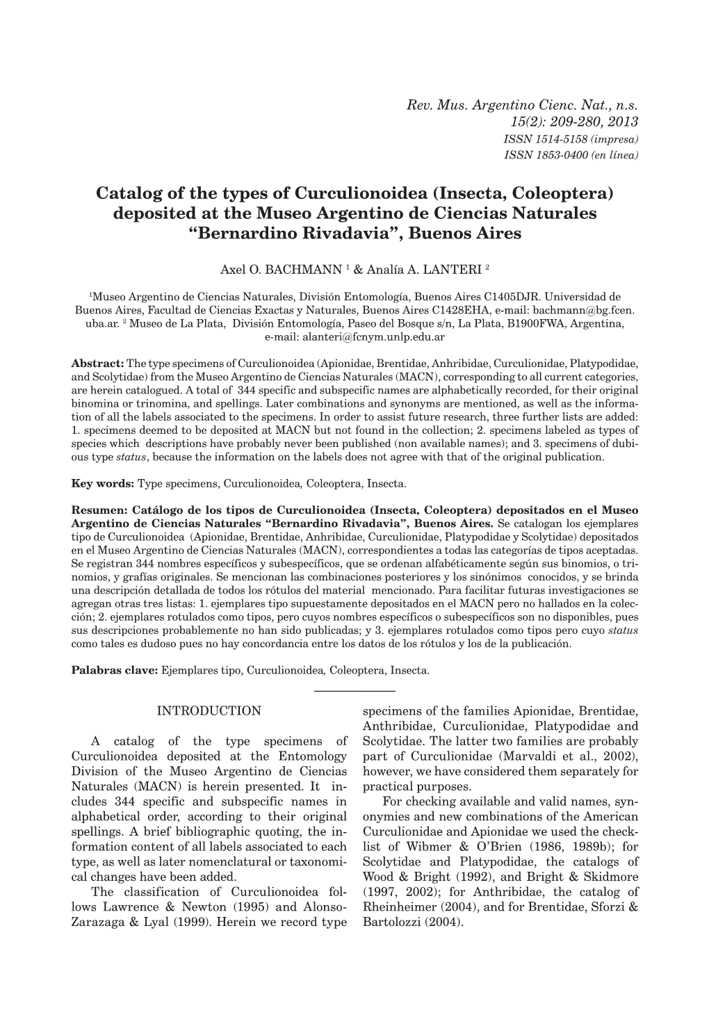 Catalog of the Types of Curculionoidea (Insecta, Coleoptera) Deposited at the Museo Argentino De Ciencias Naturales “Bernardino Rivadavia”, Buenos Aires