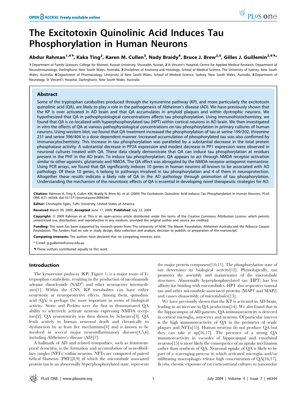 The Excitotoxin Quinolinic Acid Induces Tau Phosphorylation in Human Neurons