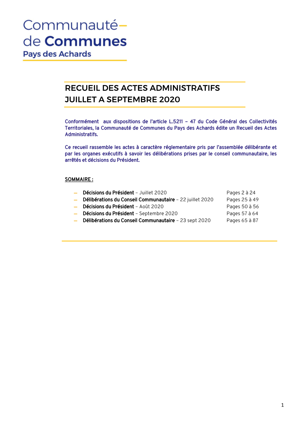 Recueil Des Actes Administratifs Juillet a Septembre 2020