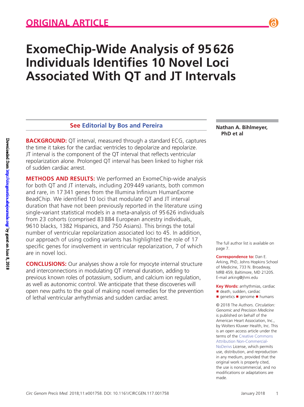 Exomechip-Wide Analysis of 95 626 Individuals Identifies 10 Novel Loci Associated with QT and JT Intervals