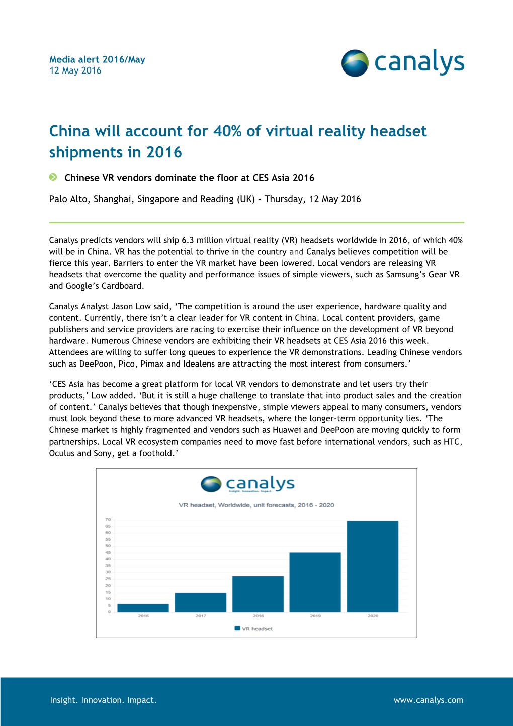 China Will Account for 40% of Virtual Reality Headset Shipments in 2016