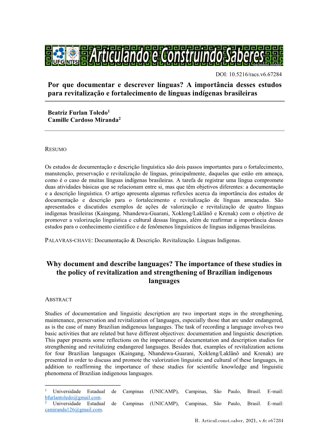 Por Que Documentar E Descrever Línguas? a Importância Desses Estudos Para Revitalização E Fortalecimento De Línguas Indígenas Brasileiras