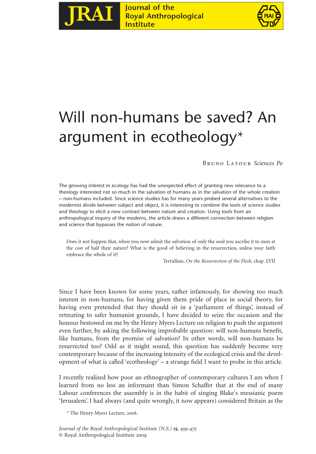 Will Non-Humans Be Saved ? an Argument on Ecotheology