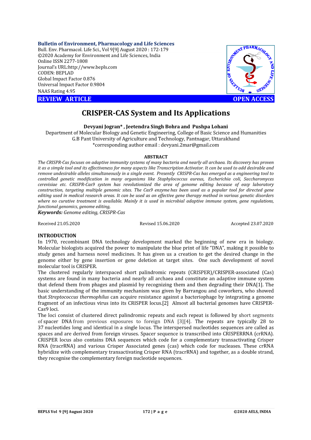 CRISPER-CAS System and Its Applications