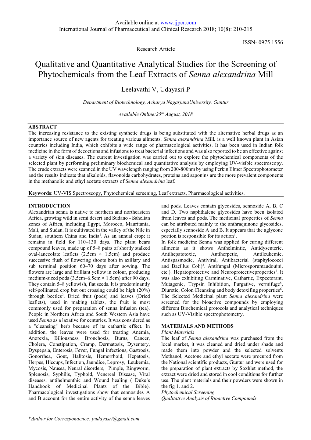 Qualitative and Quantitative Analytical Studies for the Screening of Phytochemicals from the Leaf Extracts of Senna Alexandrina Mill