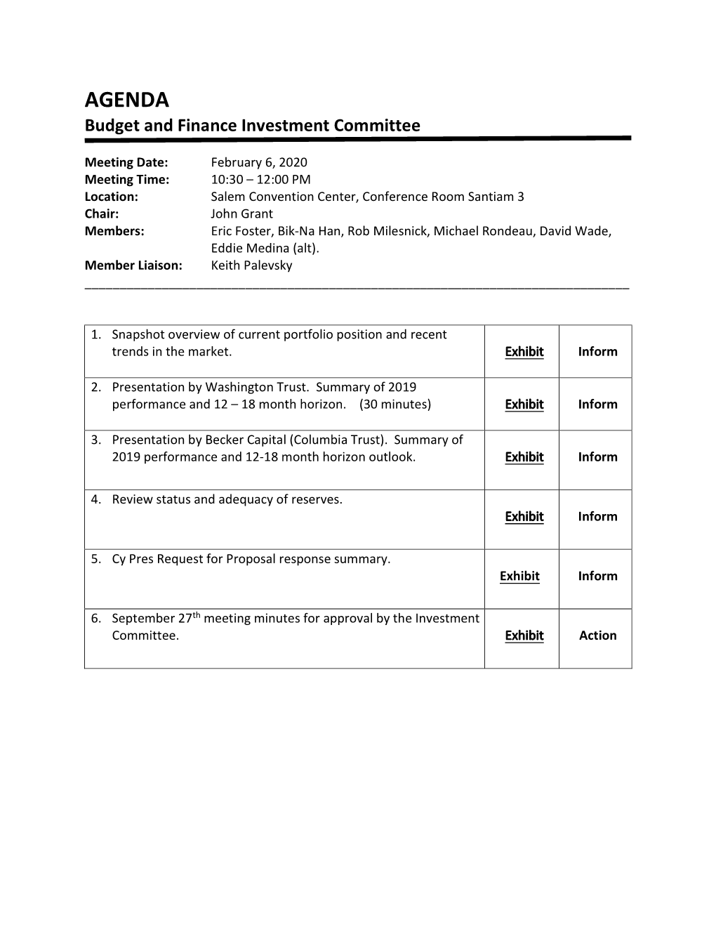 AGENDA Budget and Finance Investment Committee