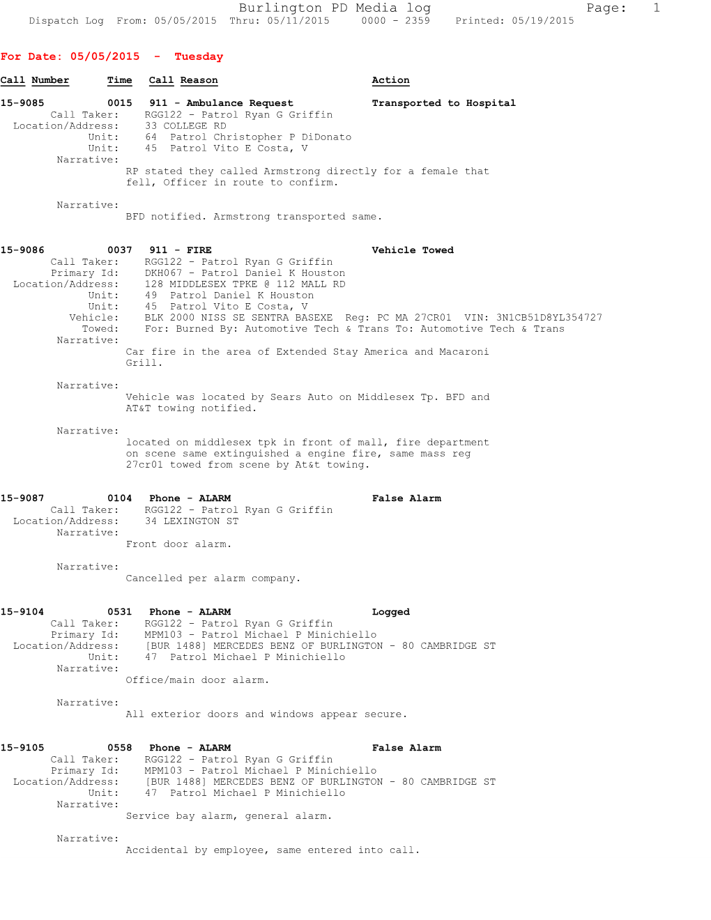 Burlington PD Media Log Page: 1 Dispatch Log From: 05/05/2015 Thru: 05/11/2015 0000 - 2359 Printed: 05/19/2015