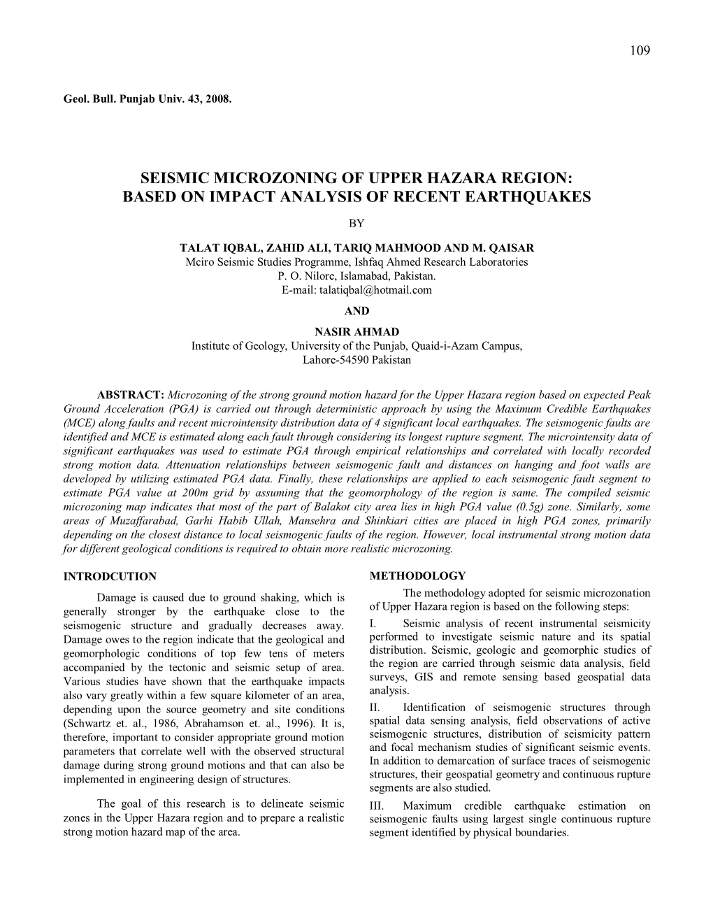 Seismic Microzoning of Upper Hazara Region: Based on Impact Analysis of Recent Earthquakes