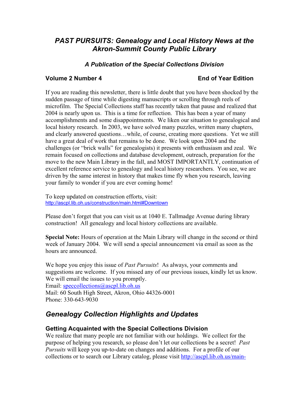 PAST PURSUITS: Genealogy and Local History News at the Akron-Summit County Public Library