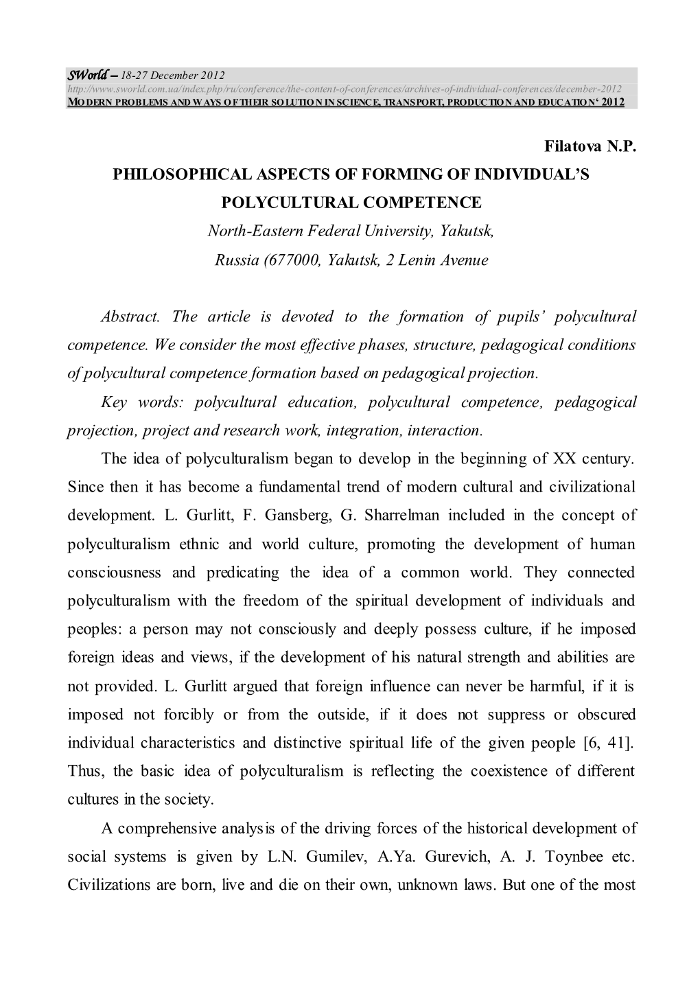 Filatova N.P. PHILOSOPHICAL ASPECTS of FORMING OF