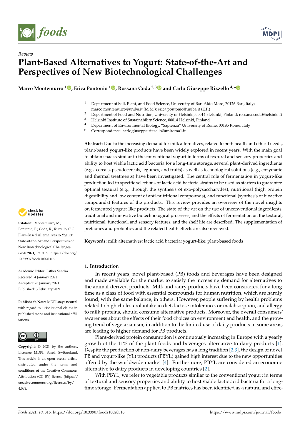 Plant-Based Alternatives to Yogurt: State-Of-The-Art and Perspectives of New Biotechnological Challenges