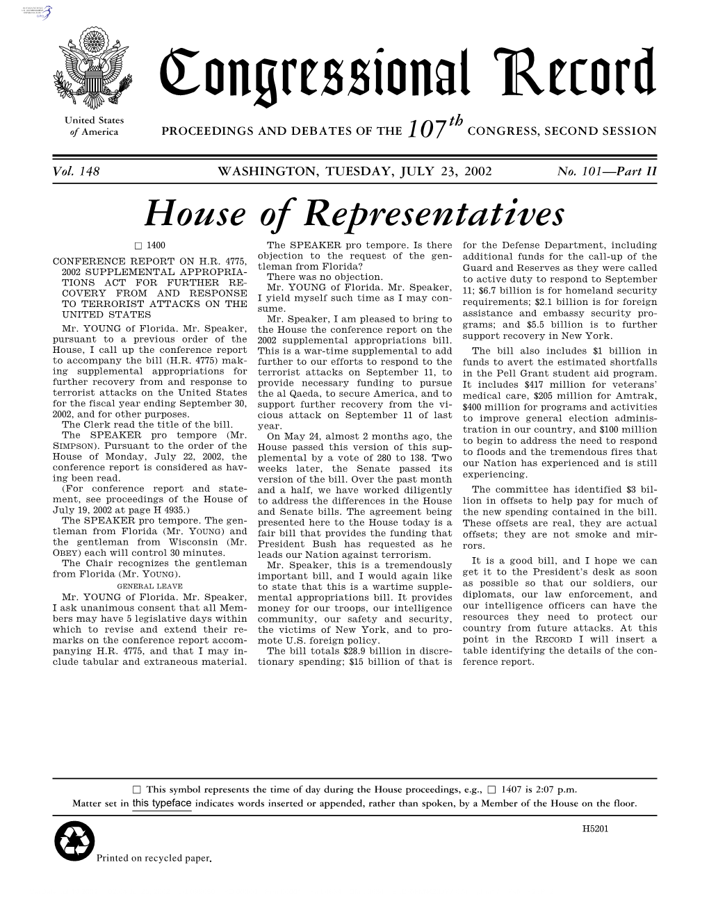 Congressional Record United States Th of America PROCEEDINGS and DEBATES of the 107 CONGRESS, SECOND SESSION