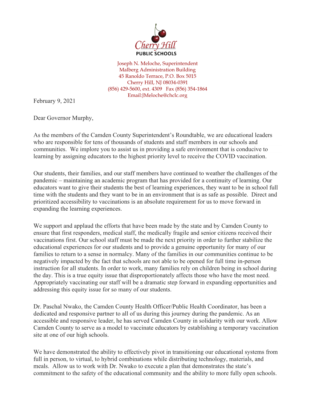 Letter from Dr. Joseph Meloche to Governor Murphy February 9, 2021