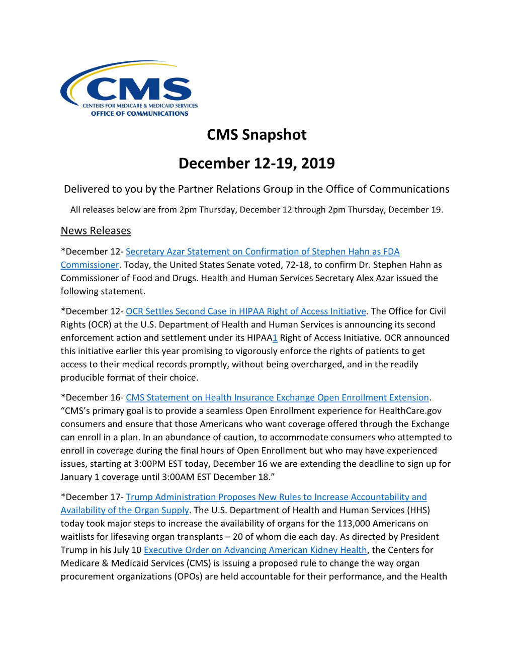 CMS Snapshot December 12-19, 2019 (PDF)