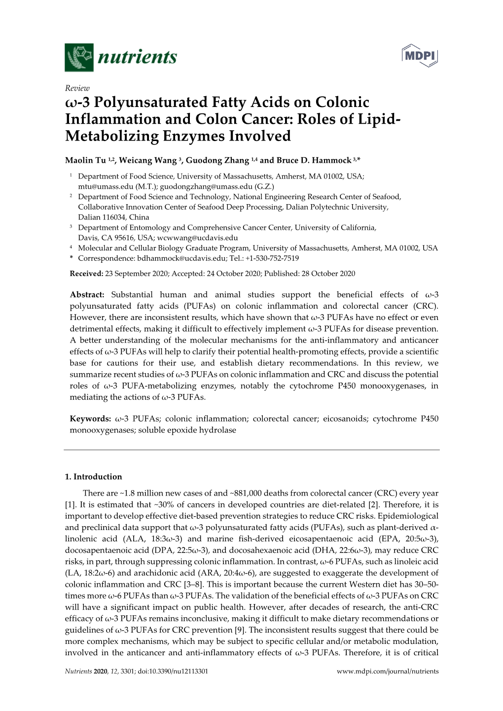 Ω-3 Polyunsaturated Fatty Acids on Colonic Inflammation and Colon Cancer: Roles of Lipid- Metabolizing Enzymes Involved