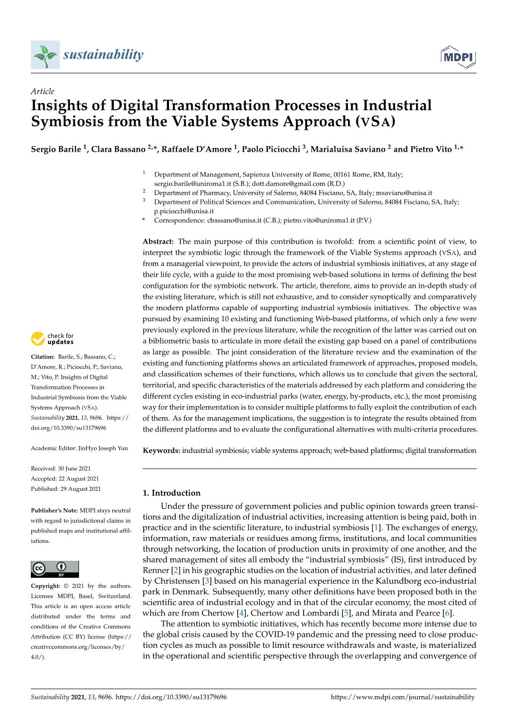 Insights of Digital Transformation Processes in Industrial Symbiosis from the Viable Systems Approach (VSA)