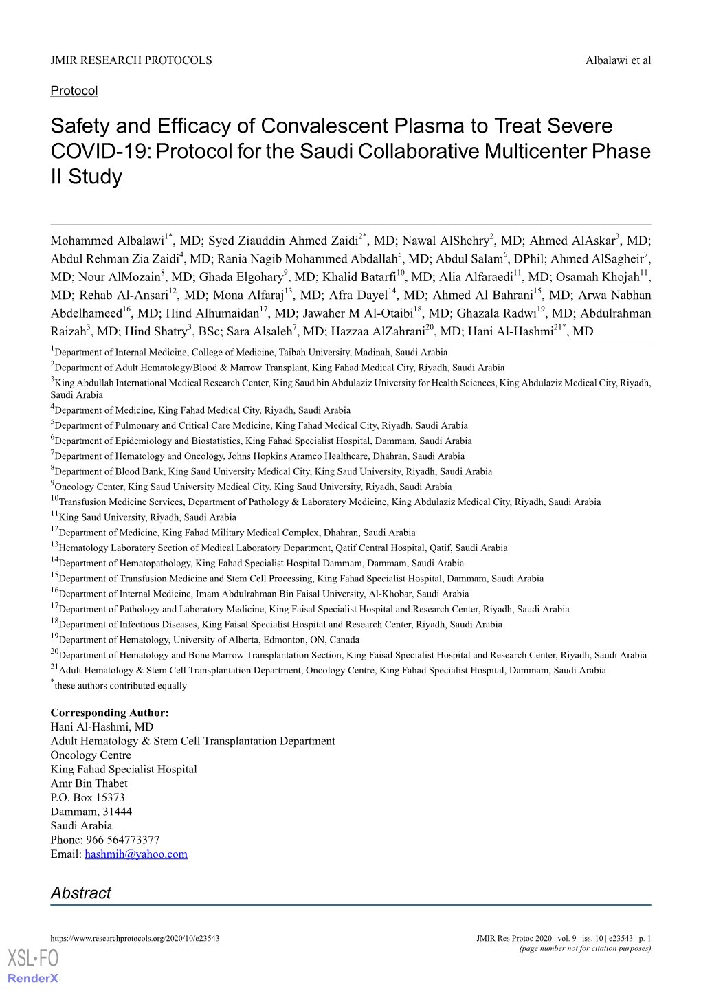 Safety and Efficacy of Convalescent Plasma to Treat Severe COVID-19: Protocol for the Saudi Collaborative Multicenter Phase II Study