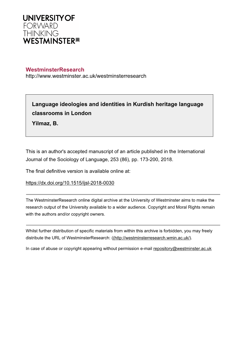 Westminsterresearch Language Ideologies and Identities in Kurdish