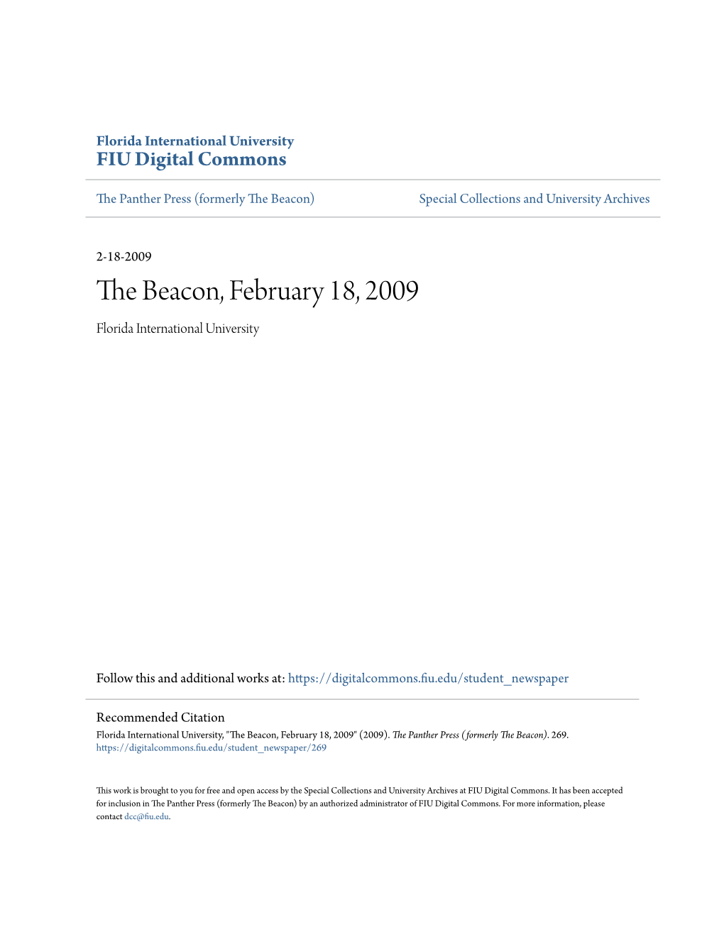 The Beacon, February 18, 2009 Florida International University