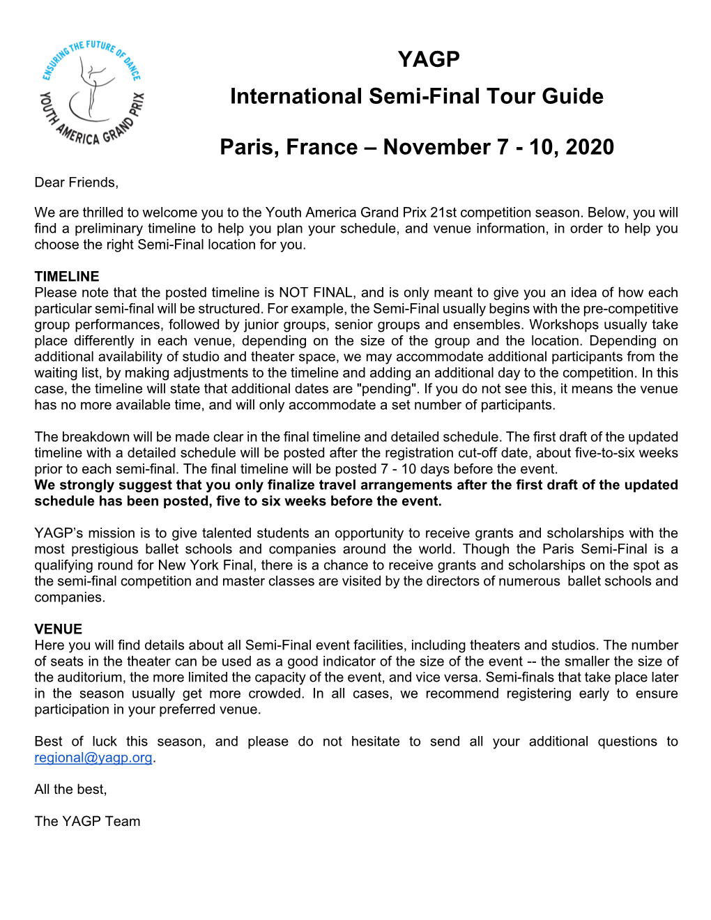 YAGP International Semi-Final Tour Guide Paris, France – November 7